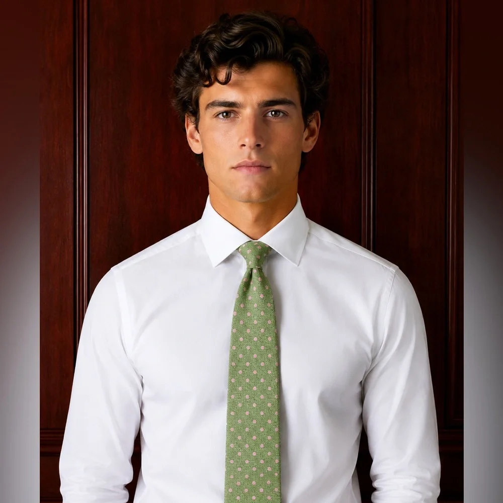 Isaia 7-Fold Green Polka-Dot Silk Tie with Pink Dots (NWT)
